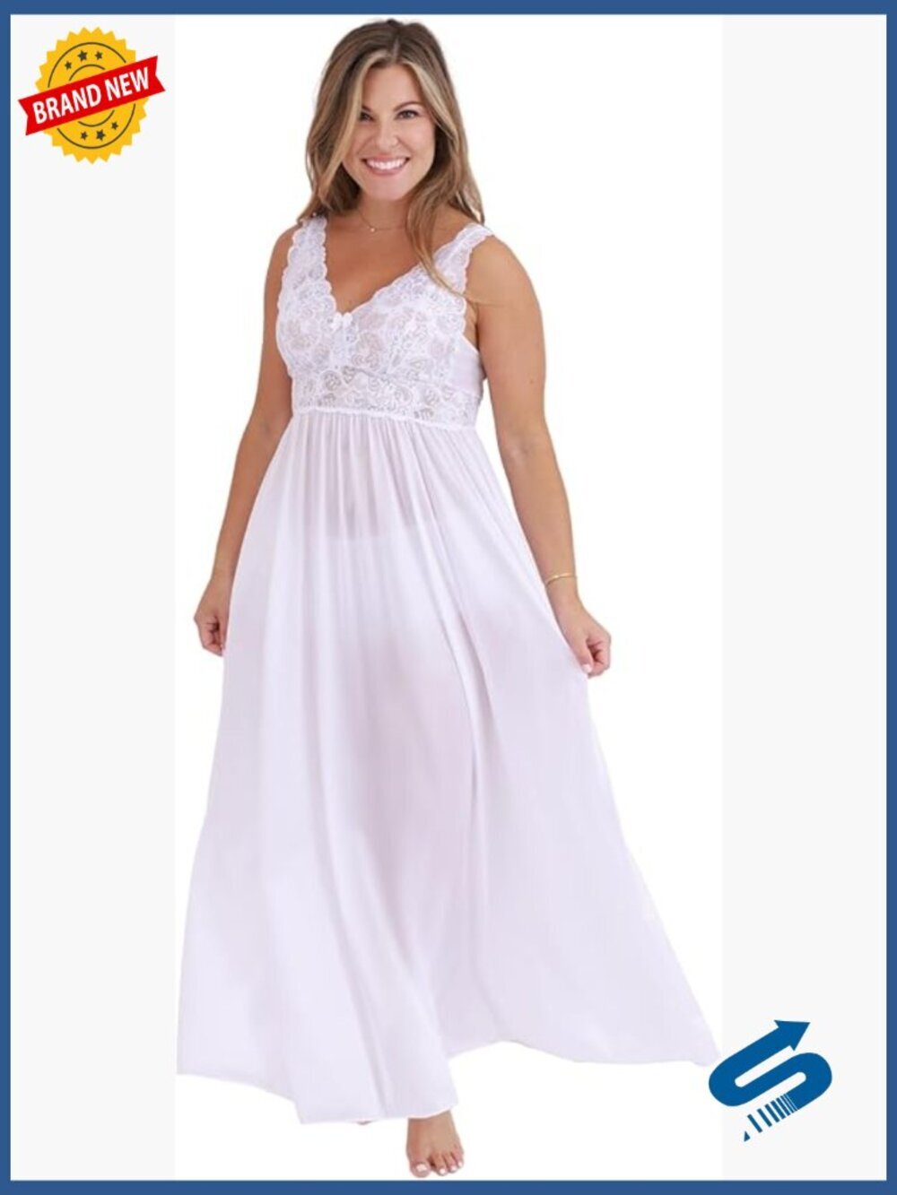 Sleeveless Lace Trim Nightgown, Flowy Silky Stretch Lace, Flattering Sleepwear